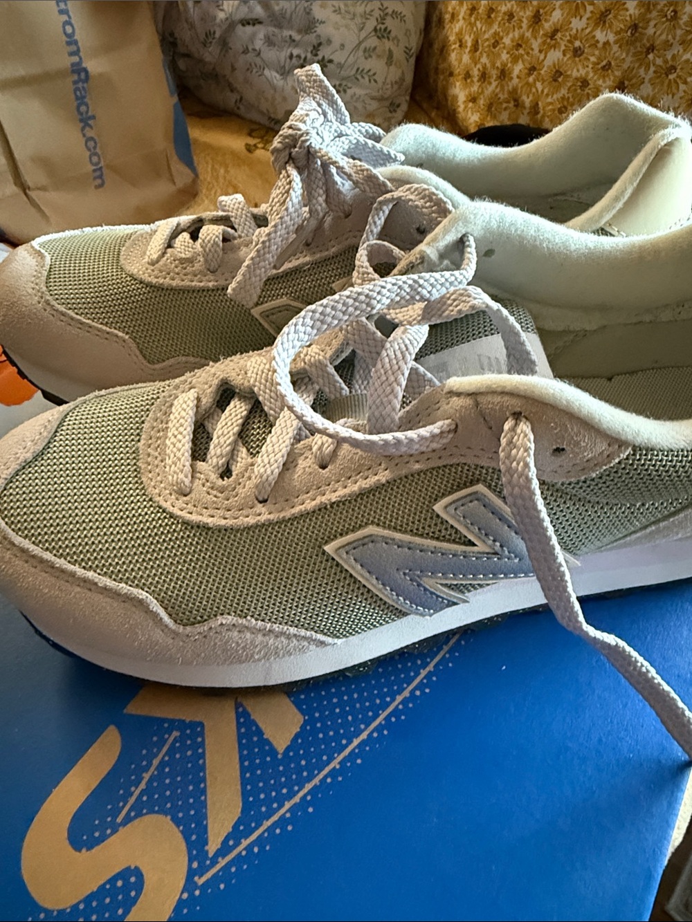 New Balance Sage Green and Cream Mesh Suede Sneakers